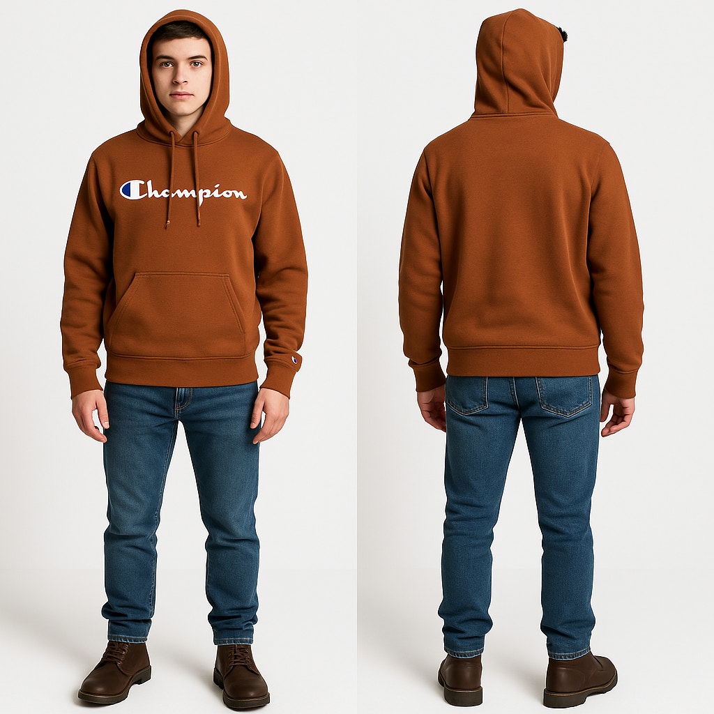 Champion Hoodie Men’s Medium Brown Logo Pullover Sweatshirt Cotton Blend Winter